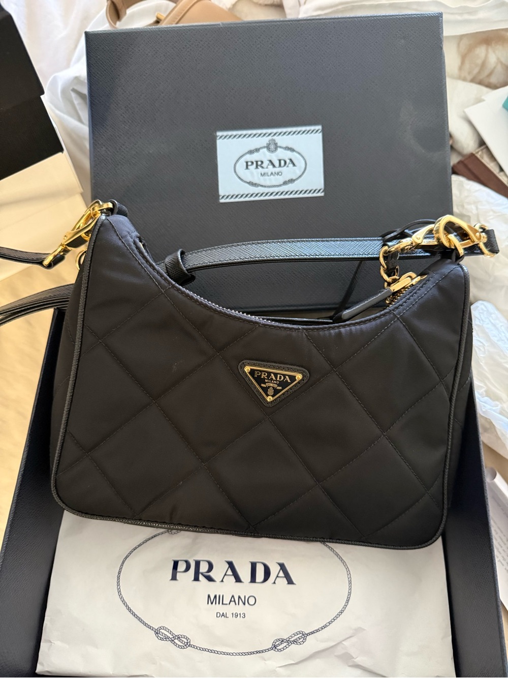 Prada Black Quilted Nylon Shoulder Bag with Gold Hardware
